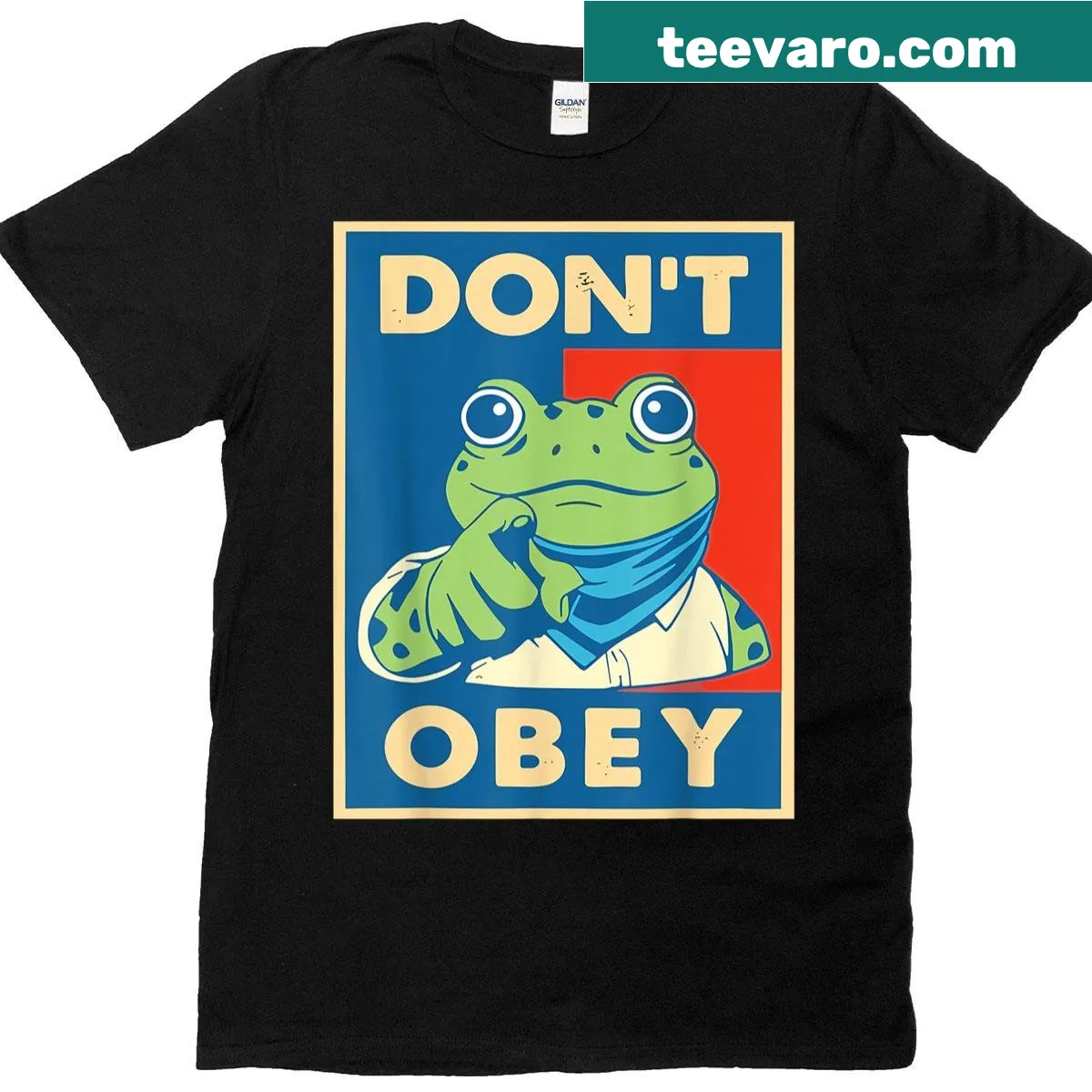 Funny typography t-shirt with a frog and the phrase 'Don't Obey' — on a men's t-shirt