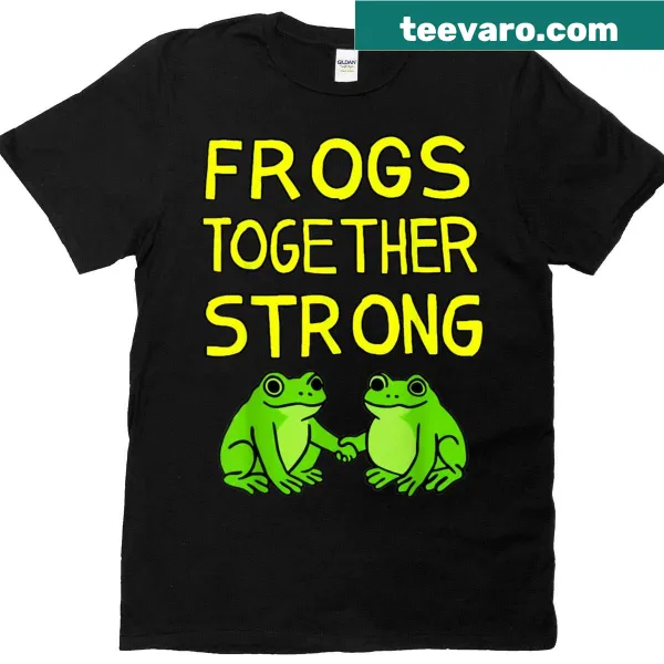 T-shirt featuring a playful graphic of frogs advocating for unity