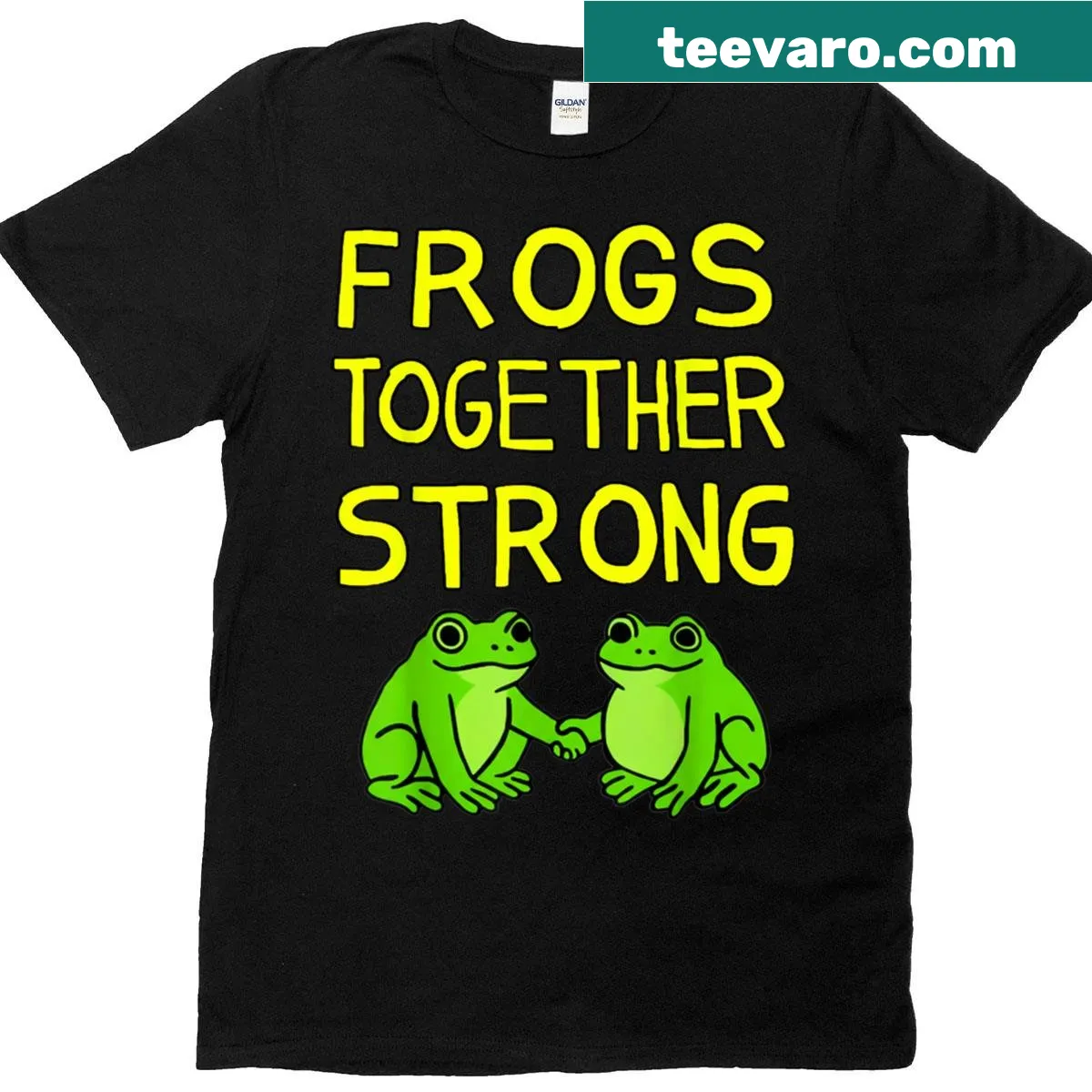 T-shirt featuring a playful graphic of frogs advocating for unity — on a men's t-shirt