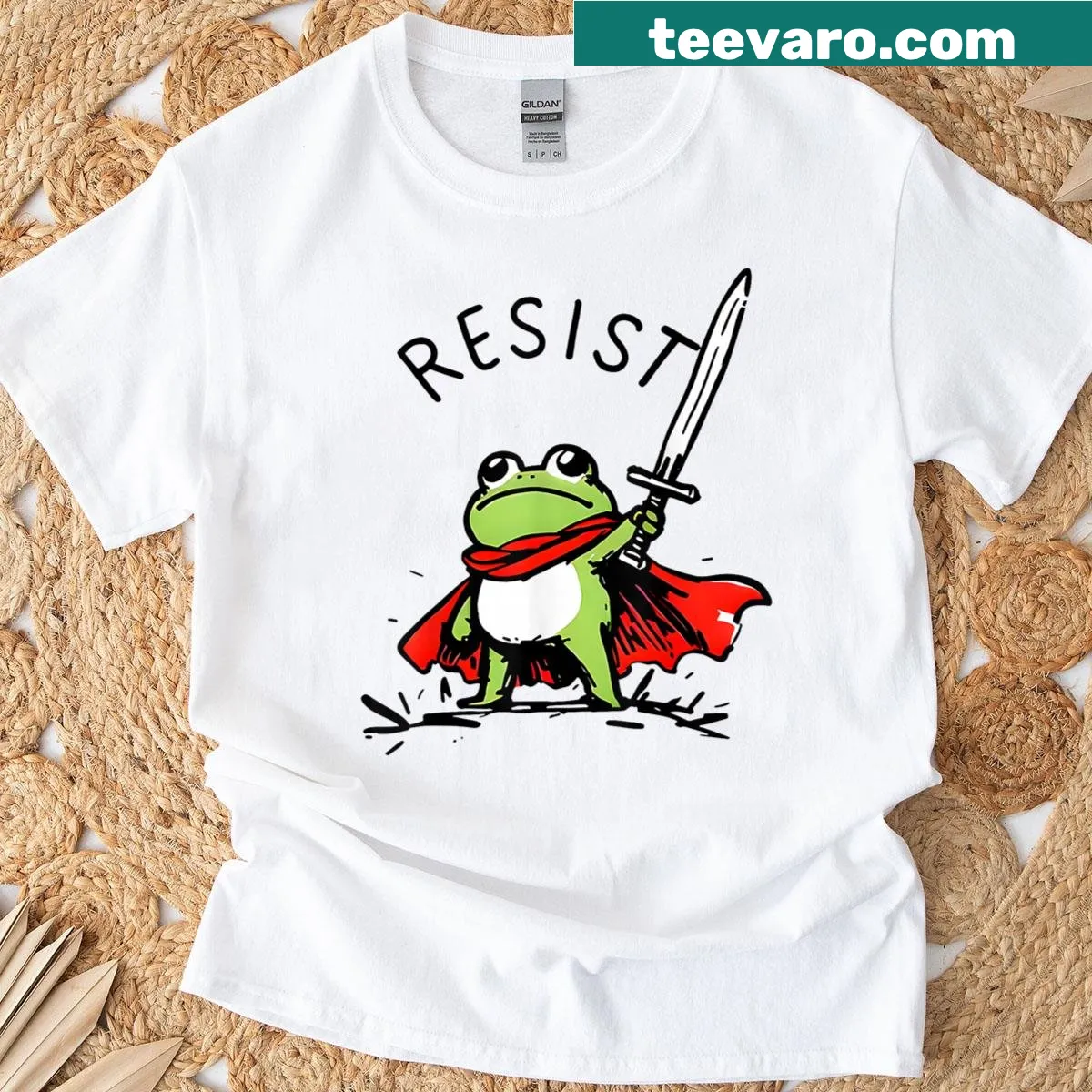 Funny activist T-shirt featuring whimsical frogs protesting — on a men's t-shirt