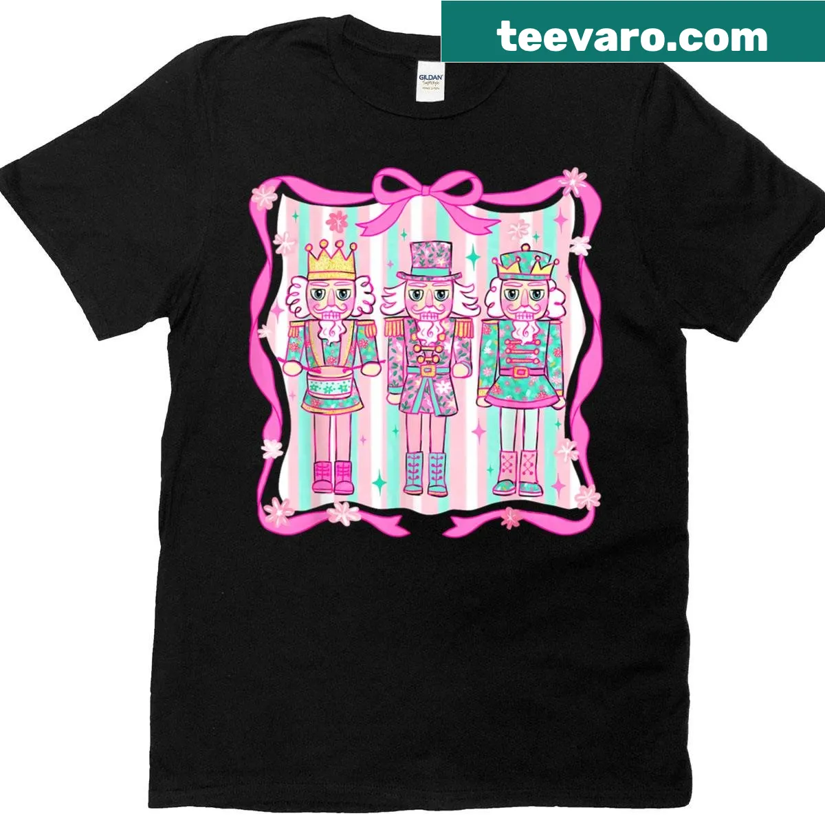 Illustrated pink nutcrackers with coquette bows on holiday-themed shirt — on a men's t-shirt