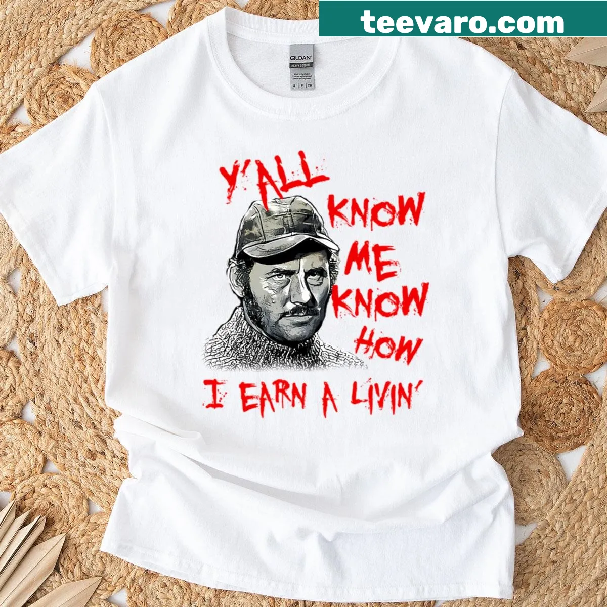Graphic of Quint from Jaws on a T-shirt — on a men's t-shirt