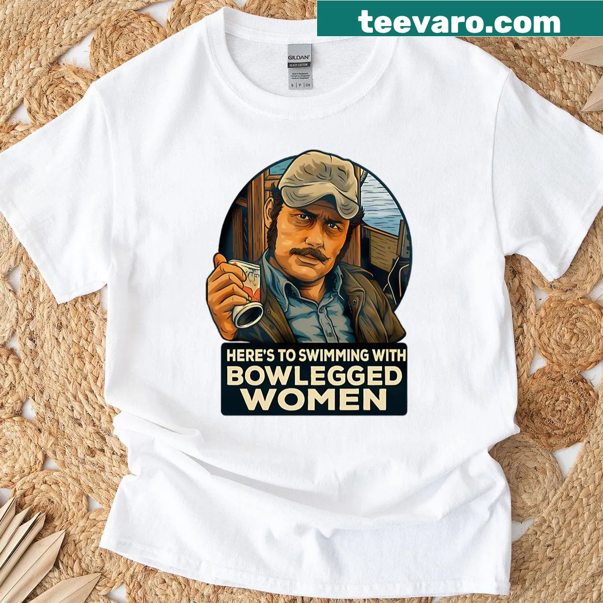 Shark hunter t-shirt featuring an illustration inspired by Quint from Jaws — on a men's t-shirt