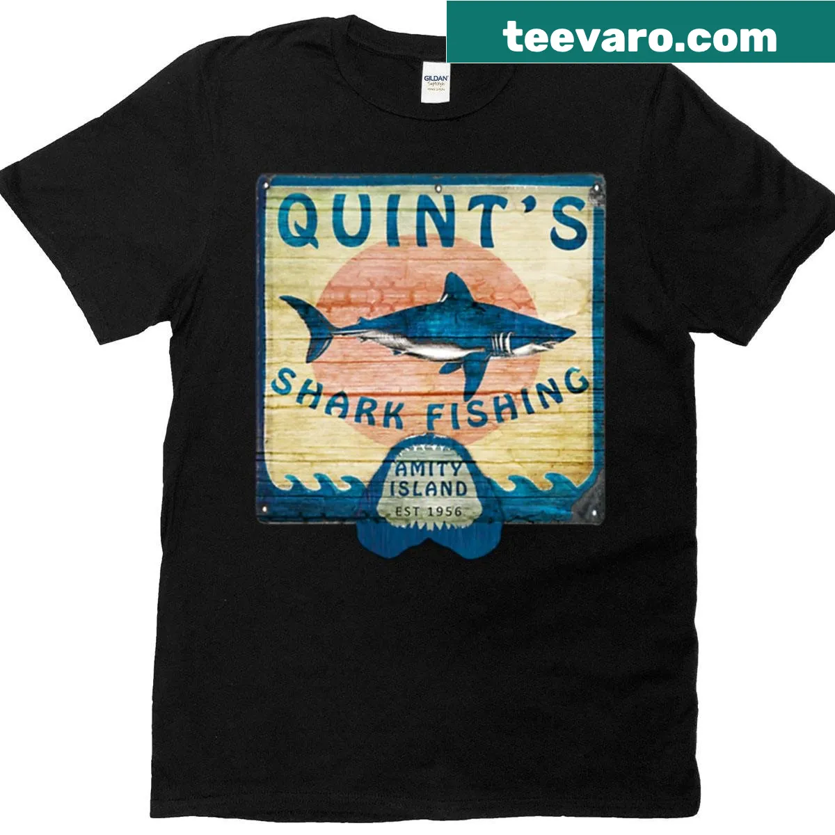 Quint's Shark Fishing t-shirt with bold fishing illustration — on a men's t-shirt