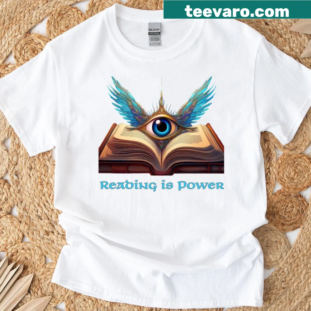 Winged eye above an open book graphic T-shirt promoting reading — on a men's t-shirt