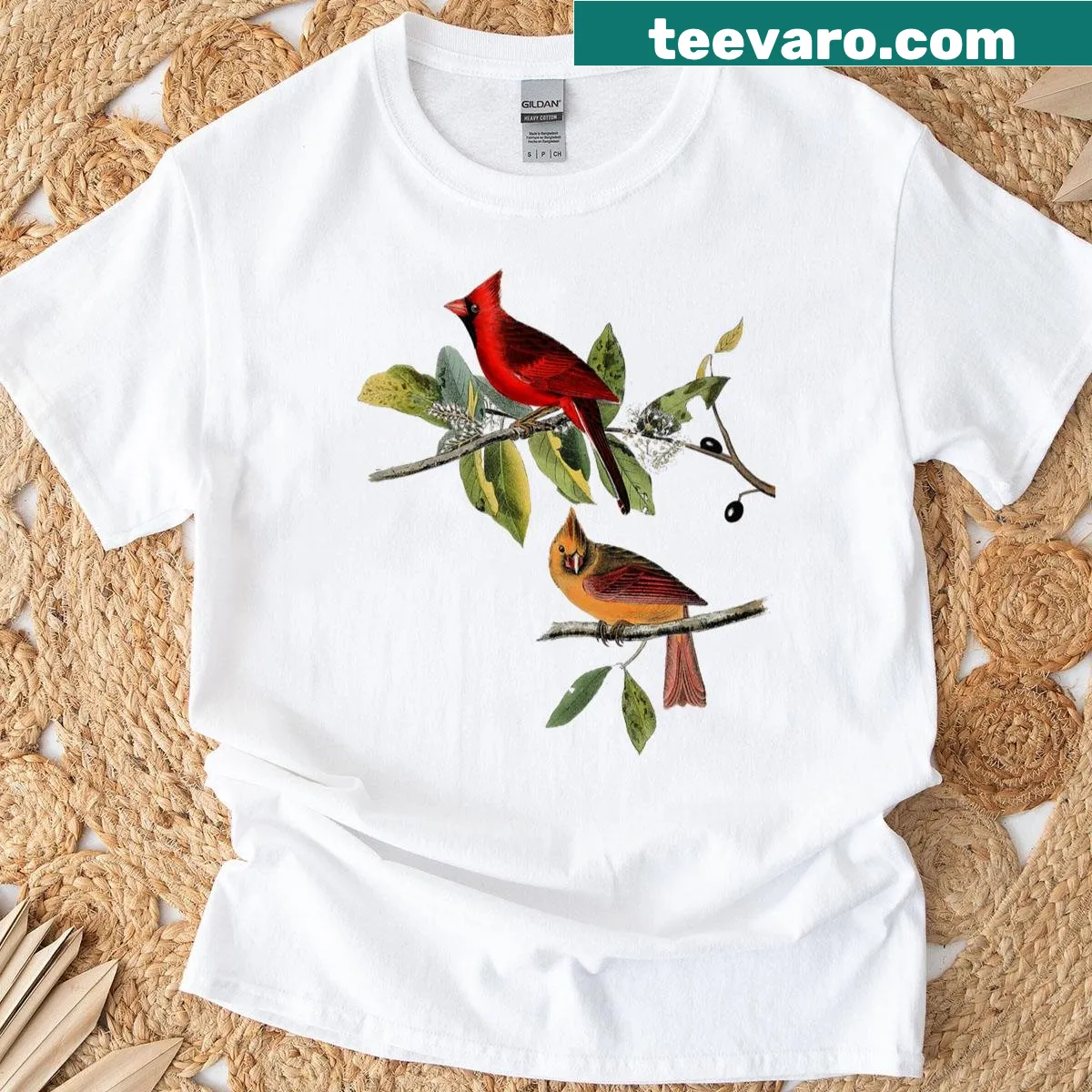 Illustration of male and female red cardinals on a t-shirt — on a men's t-shirt