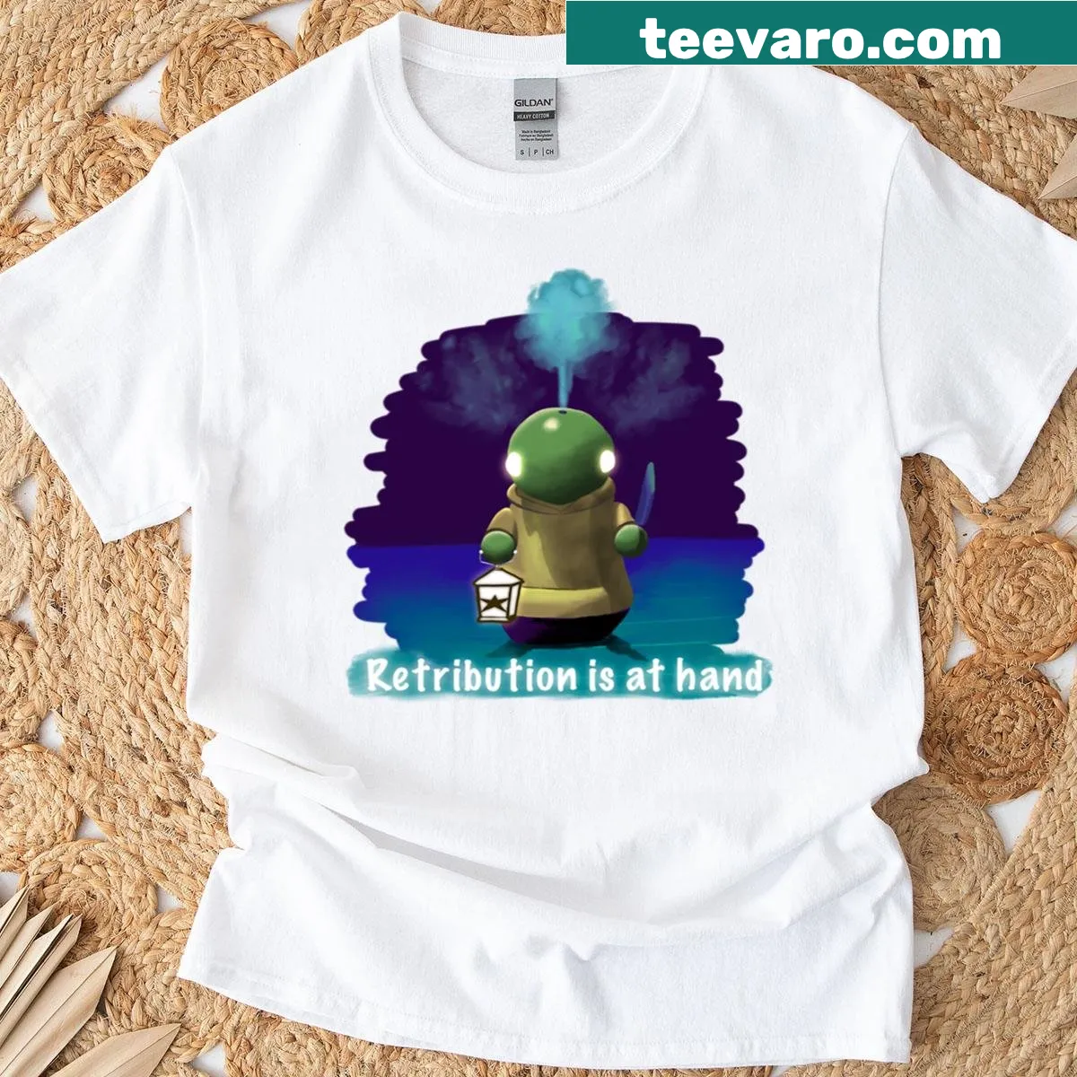 Whimsical Tonberry humidifier graphic T-shirt inspired by FF7 — on a men's t-shirt