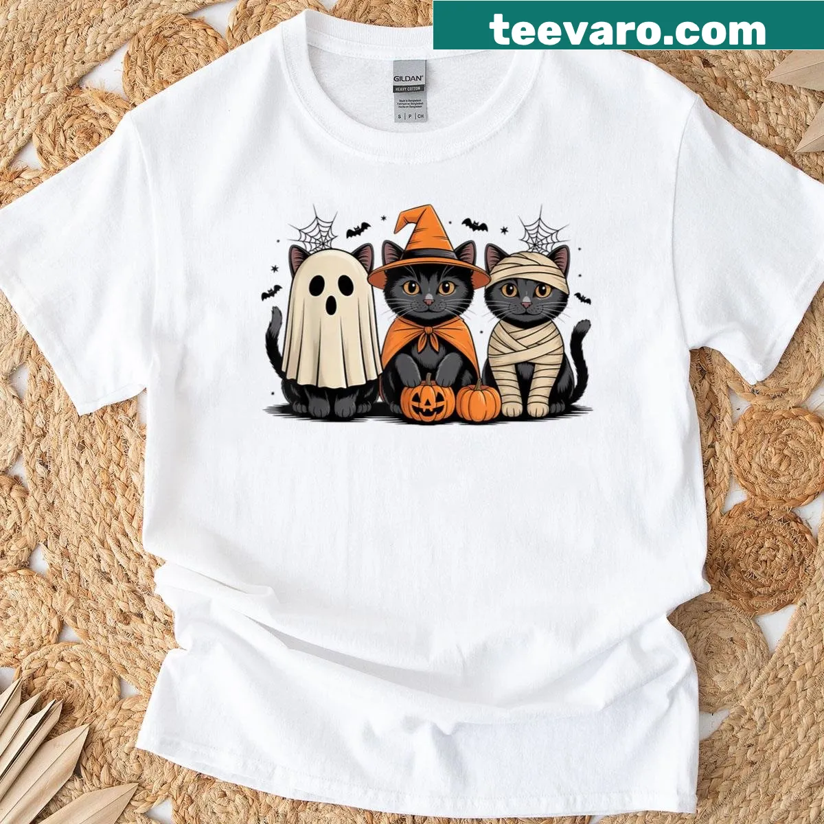 Halloween t-shirt with a retro black cat and pumpkin illustration — on a men's t-shirt