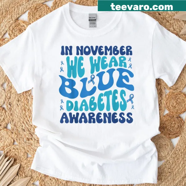 Vintage-style T-shirt with 'In November We Wear Blue' text for diabetes awareness