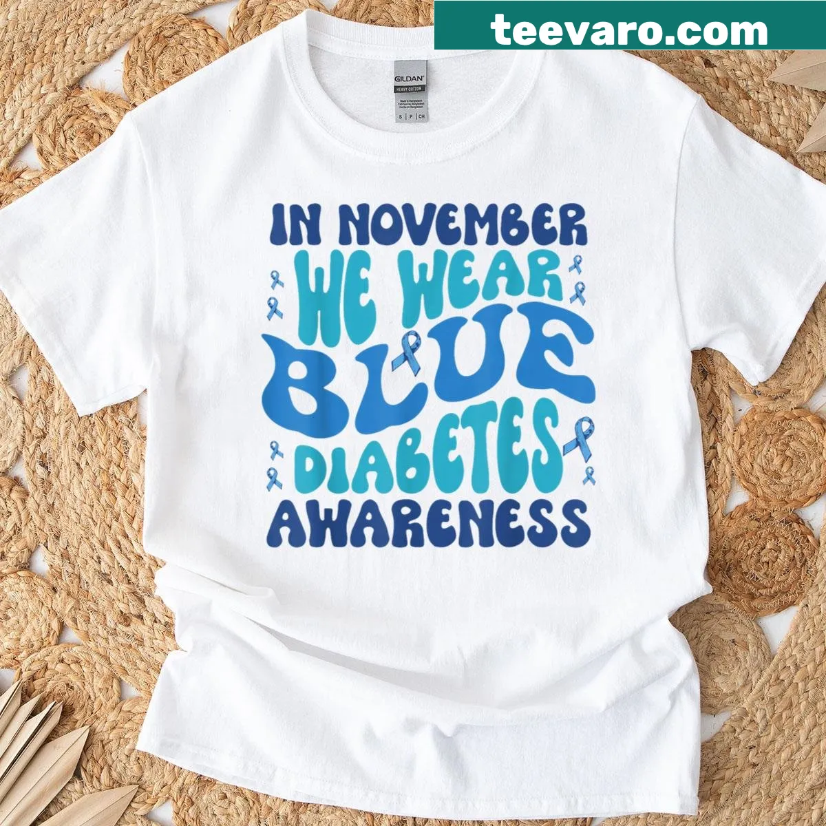 Vintage-style T-shirt with 'In November We Wear Blue' text for diabetes awareness — on a men's t-shirt