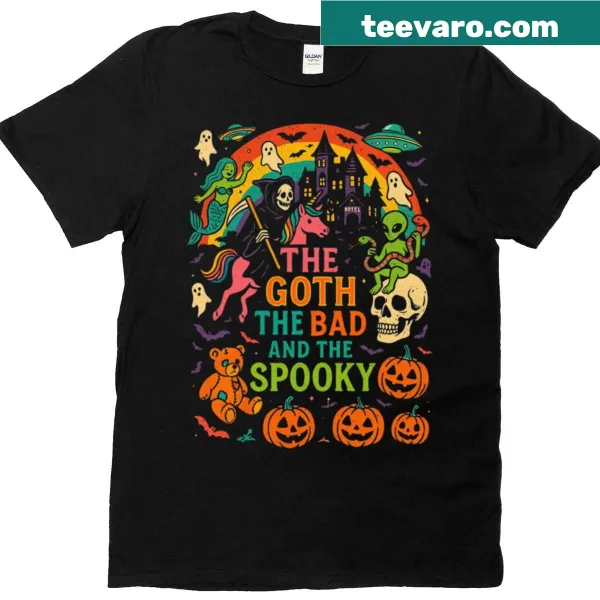 Retro horror-themed t-shirt featuring UFOs and skeletons.