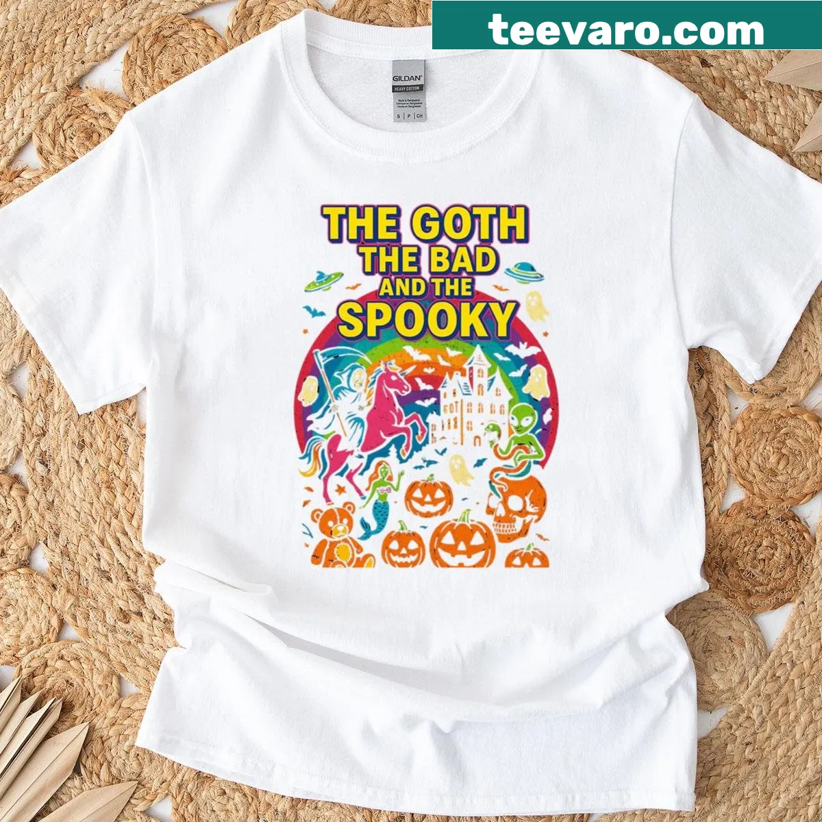 Vintage Halloween T-shirt with retro horror theme and skeletons — on a men's t-shirt