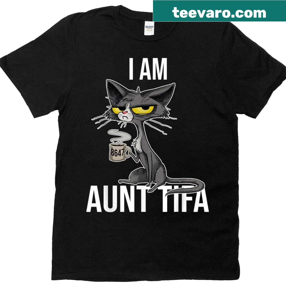 Vintage Aunt Tifa Cat t-shirt with playful text and graphic — on a men's t-shirt