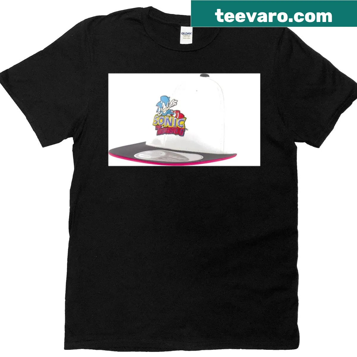 Embroidered Retro Sonic The Hedgehog logo design on a T-shirt — on a men's t-shirt