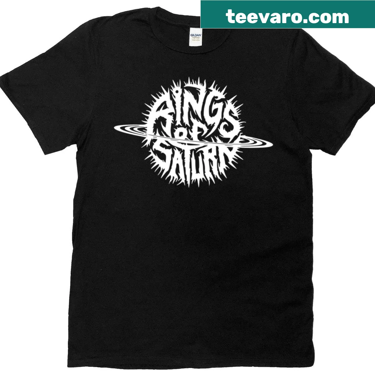 Rings Of Saturn Band logo t-shirt with bold design. — on a men's t-shirt
