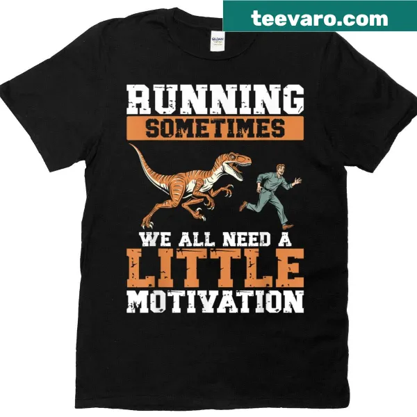 Funny T-shirt featuring a dinosaur chasing a runner