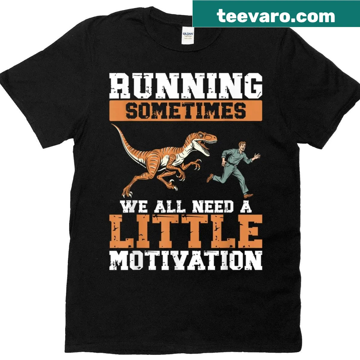 Funny T-shirt featuring a dinosaur chasing a runner — on a men's t-shirt