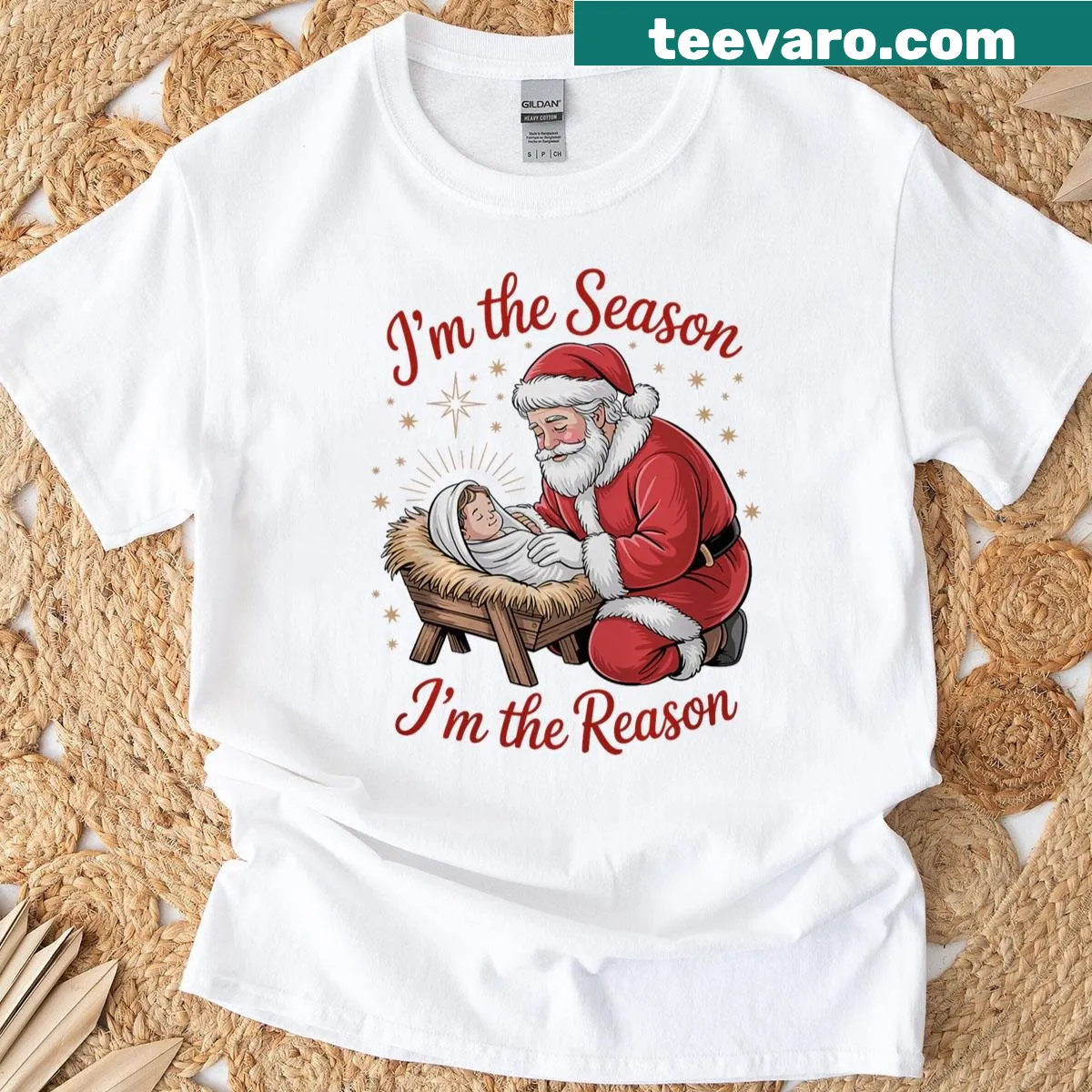 Humorous holiday shirt featuring Santa and Baby Jesus in a playful scene. — on a men's t-shirt