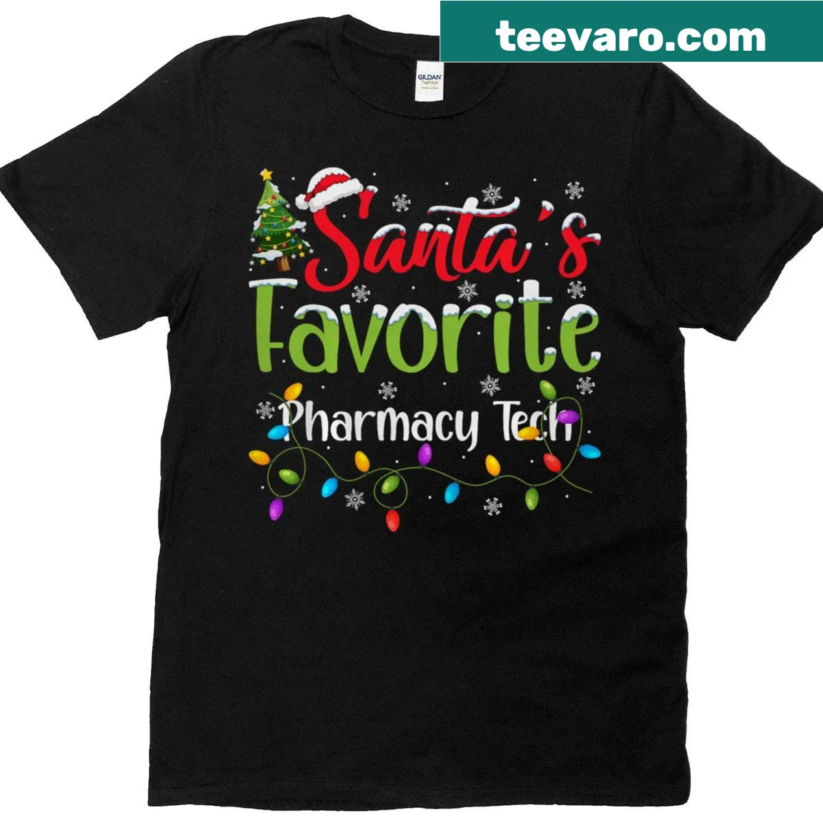 Christmas-themed typography t-shirt for pharmacy techs with lights — on a men's t-shirt