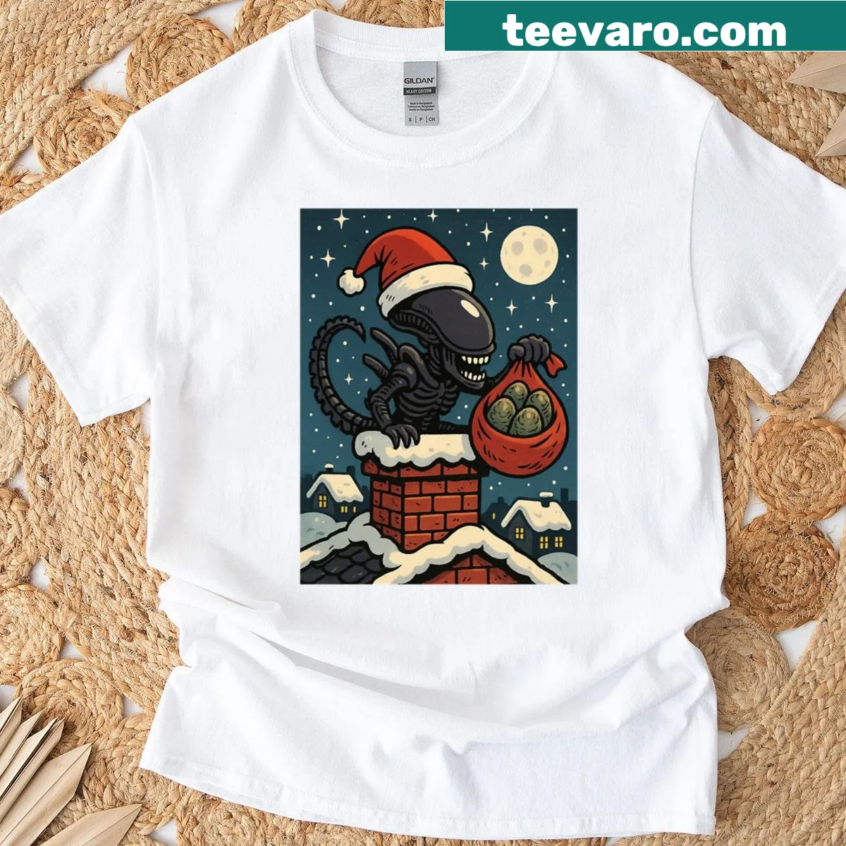 Humorous Christmas shirt featuring a Santa Xenomorph in a chimney — on a men's t-shirt