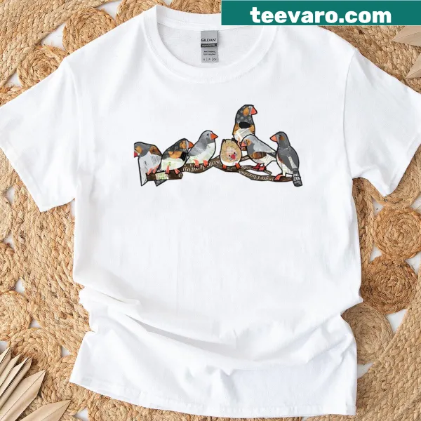 Illustration of seven zebra finches on a branch on a T-shirt