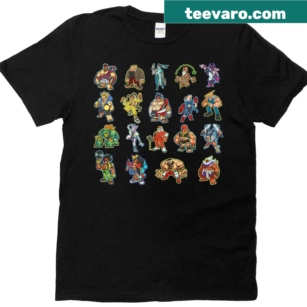 Graphic T-shirt featuring various fighting game characters in action — on a men's t-shirt