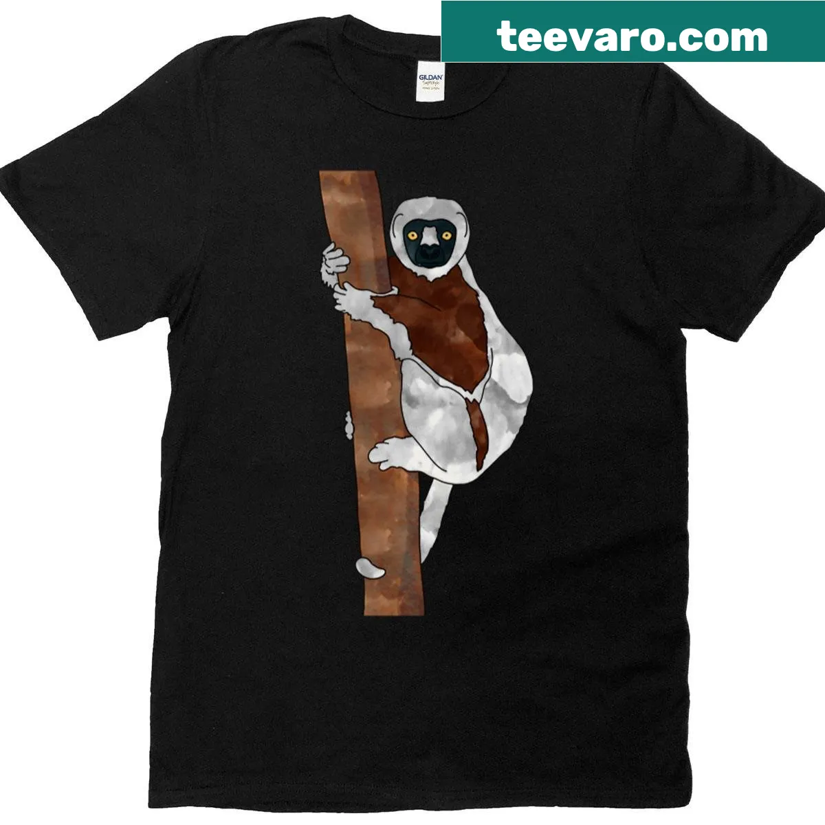 Oversized t-shirt featuring a sifaka sitting on a tree branch — on a men's t-shirt