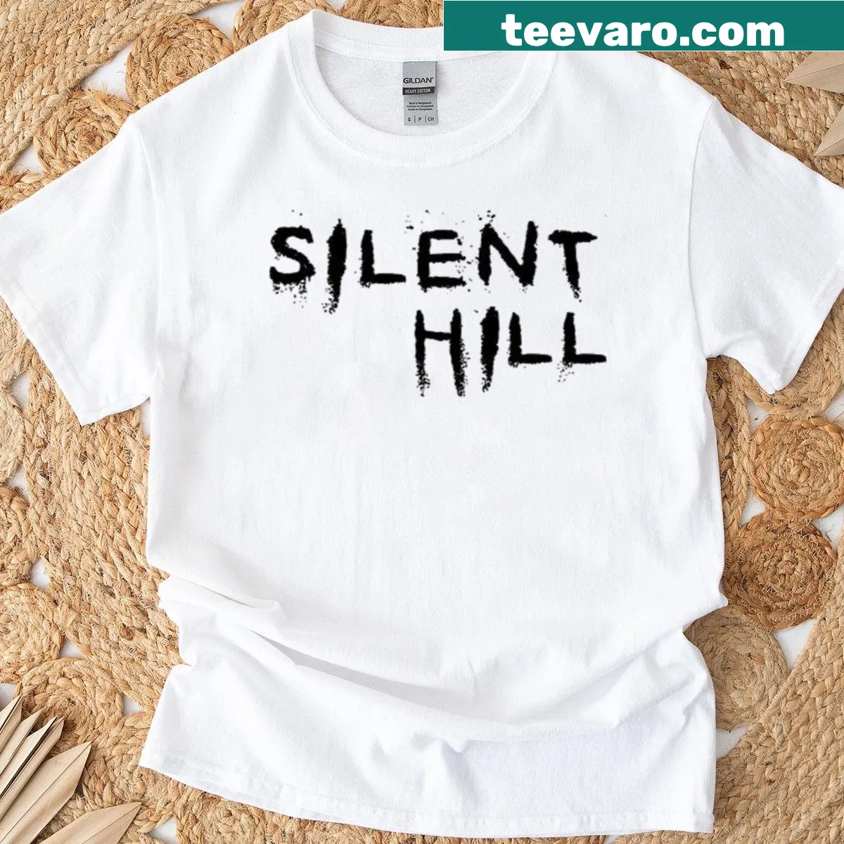 Distressed horror shirt featuring the Silent Hill logo in fan art style. — on a men's t-shirt