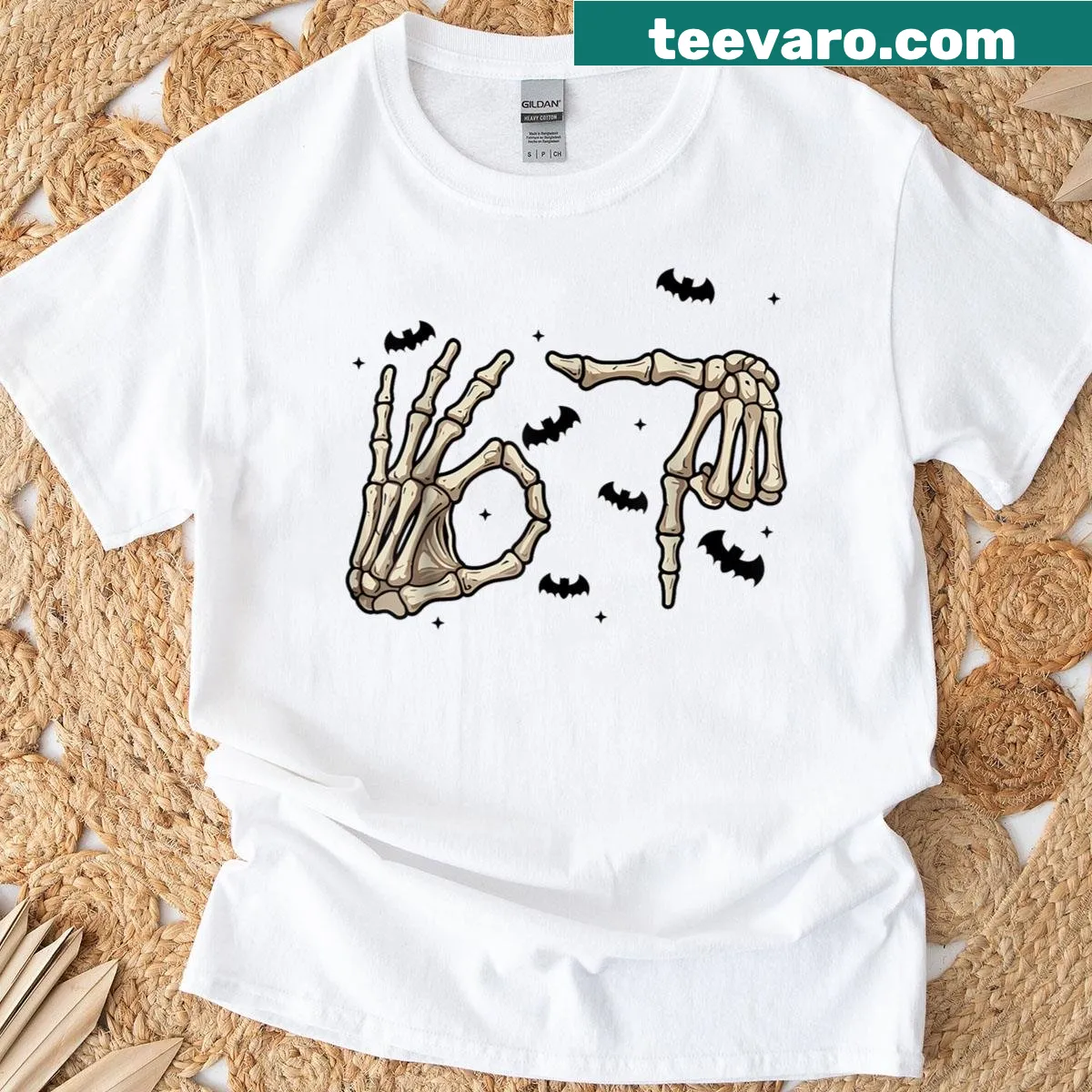 Skeleton hand Halloween costume meme t-shirt — on a men's t-shirt