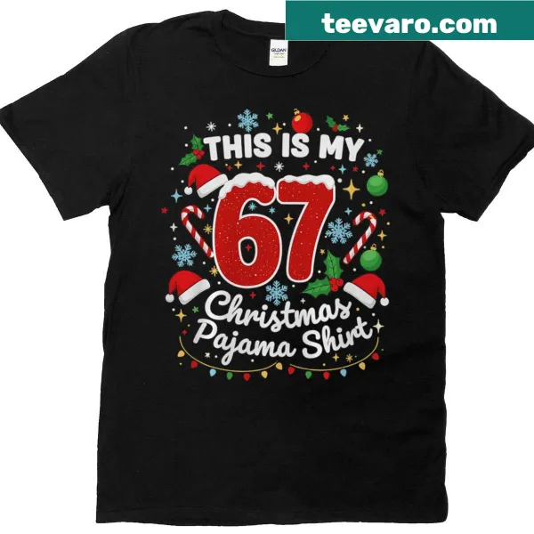 Funny 67 Christmas meme graphic on festive t-shirt