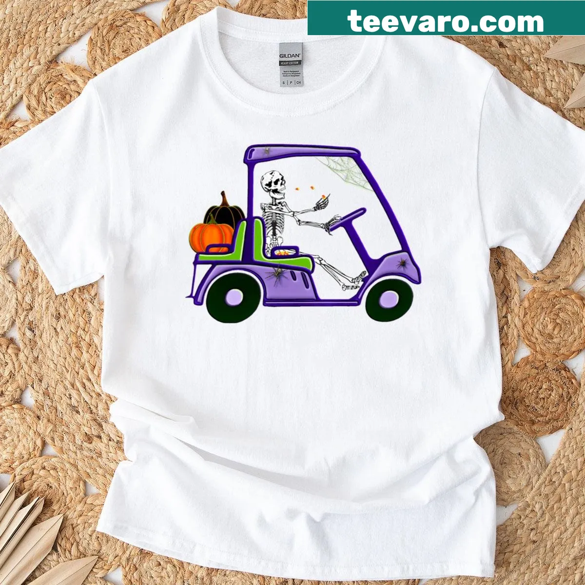 Funny skeleton Halloween t-shirt with golf cart and candy corn — on a men's t-shirt