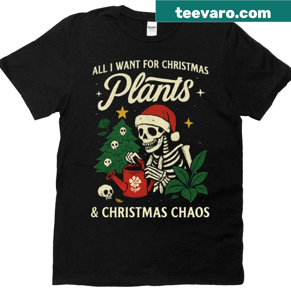 Whimsical illustration of Santa surrounded by skulls in a garden setting — on a men's t-shirt