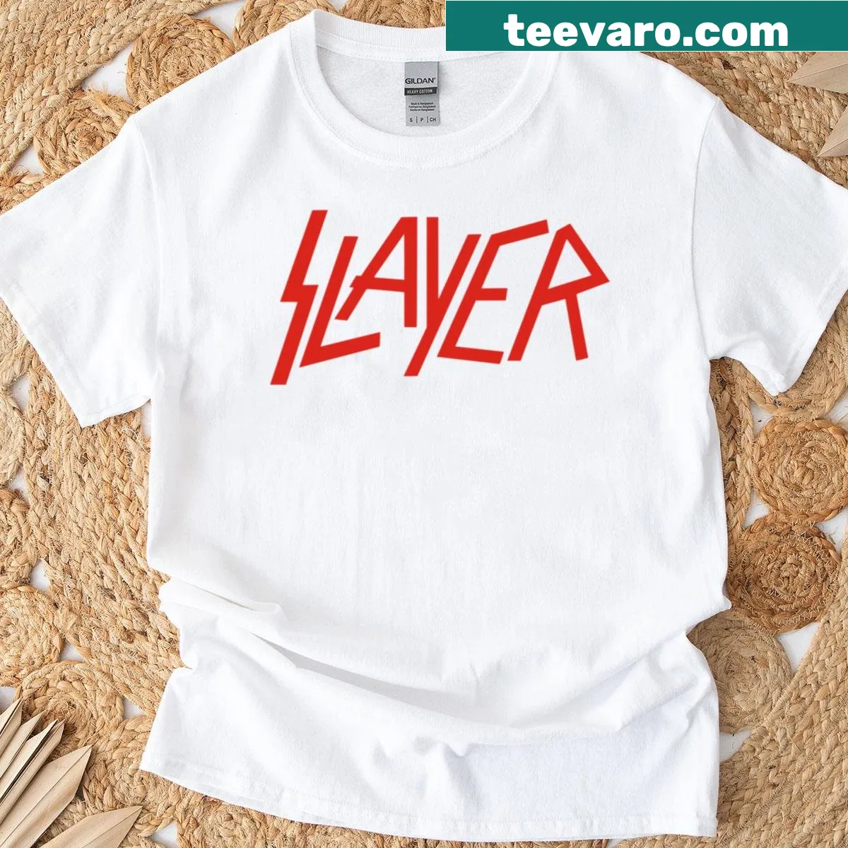 Slayer metal band logo graphic t-shirt with thrash metal artwork — on a men's t-shirt