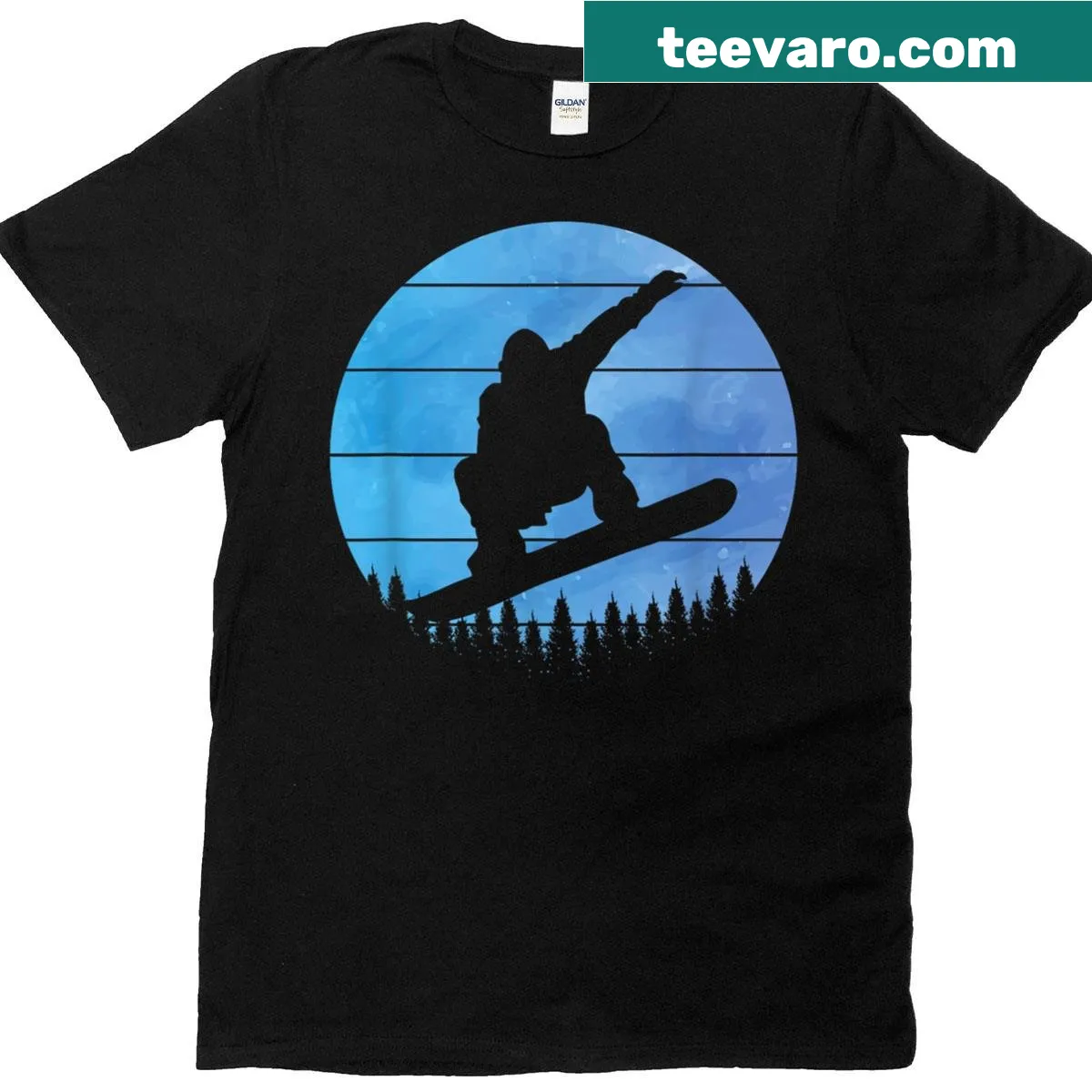 Snowboarding graphic on a T-shirt depicting a snowy landscape — on a men's t-shirt
