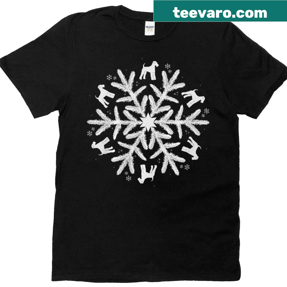 Cute Airedale Terrier with snowflakes Christmas t-shirt — on a men's t-shirt