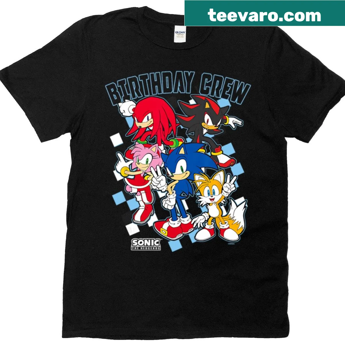 Big chest graphic of Sonic and friends on the T-shirt. — on a men's t-shirt