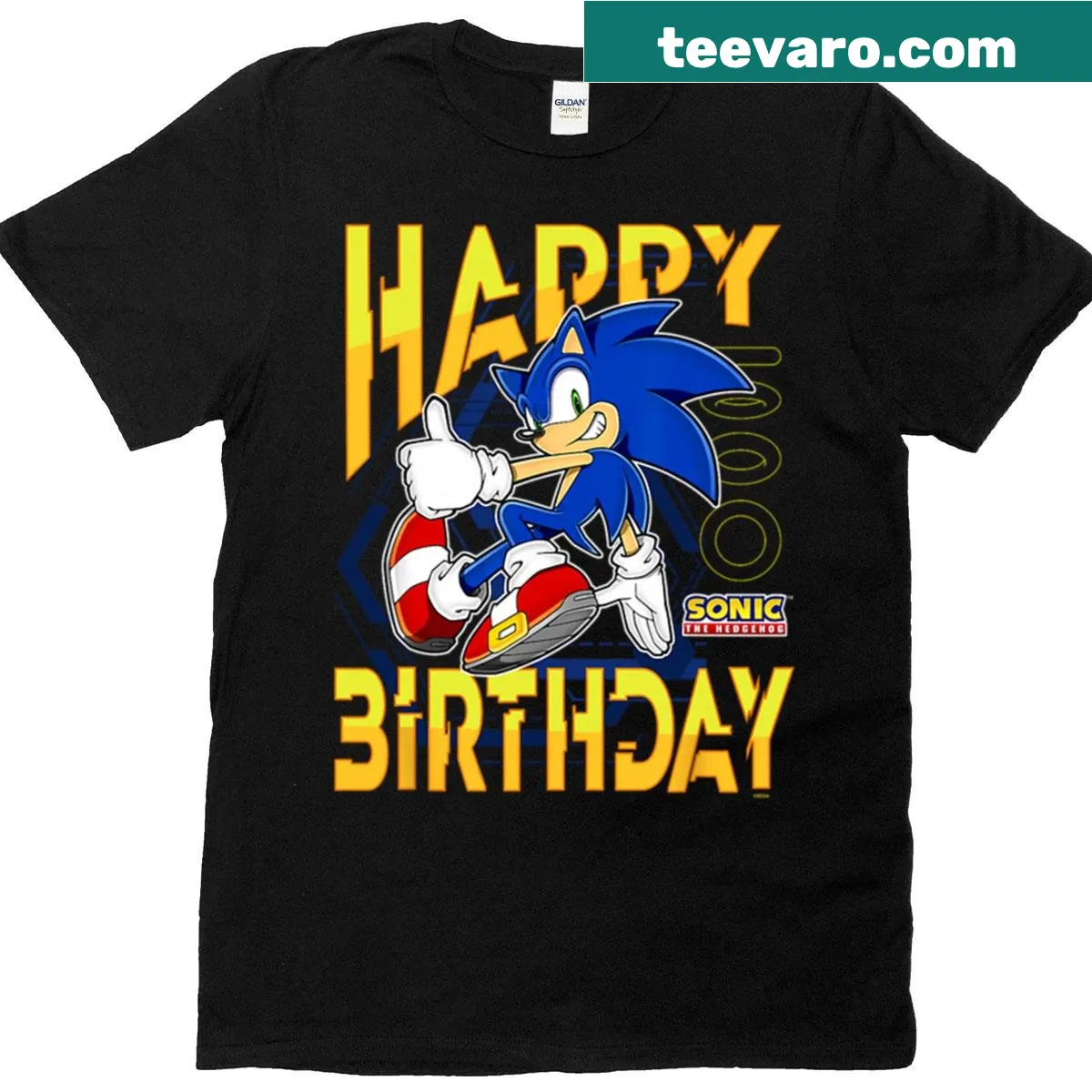 Sonic the Hedgehog T-shirt celebrating a birthday with thumbs-up design — on a men's t-shirt