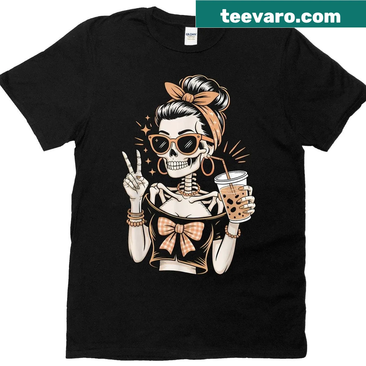 Skeleton girl with iced latte in a whimsical design — on a men's t-shirt