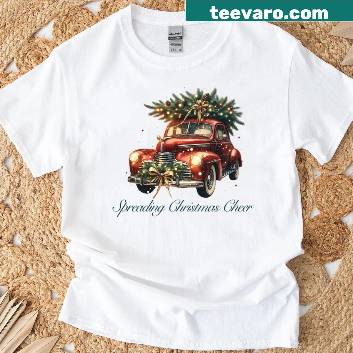 Vintage truck carrying a holiday tree T-shirt — on a men's t-shirt