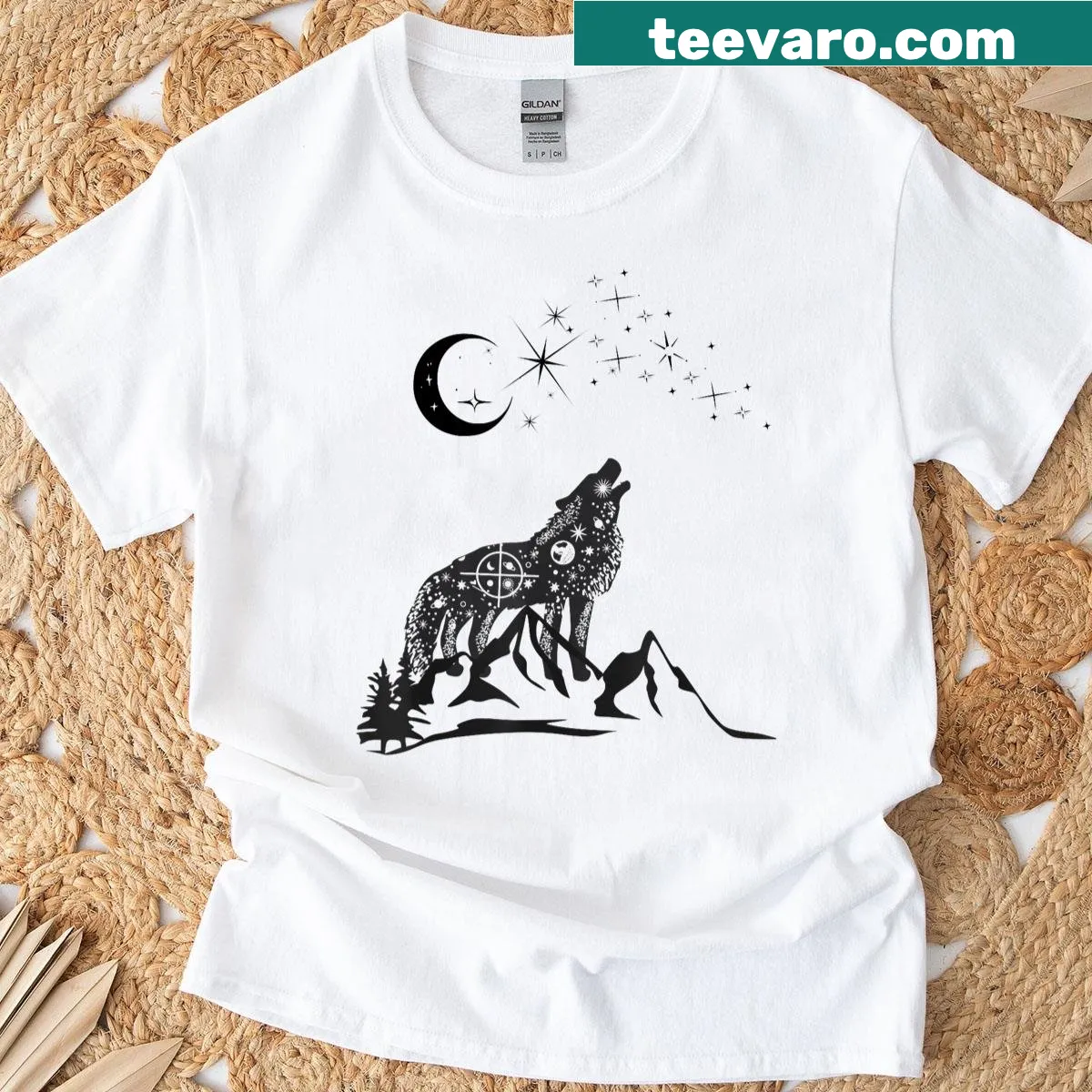 Astrology and nature-themed graphic t-shirt with wolf and mountains — on a men's t-shirt