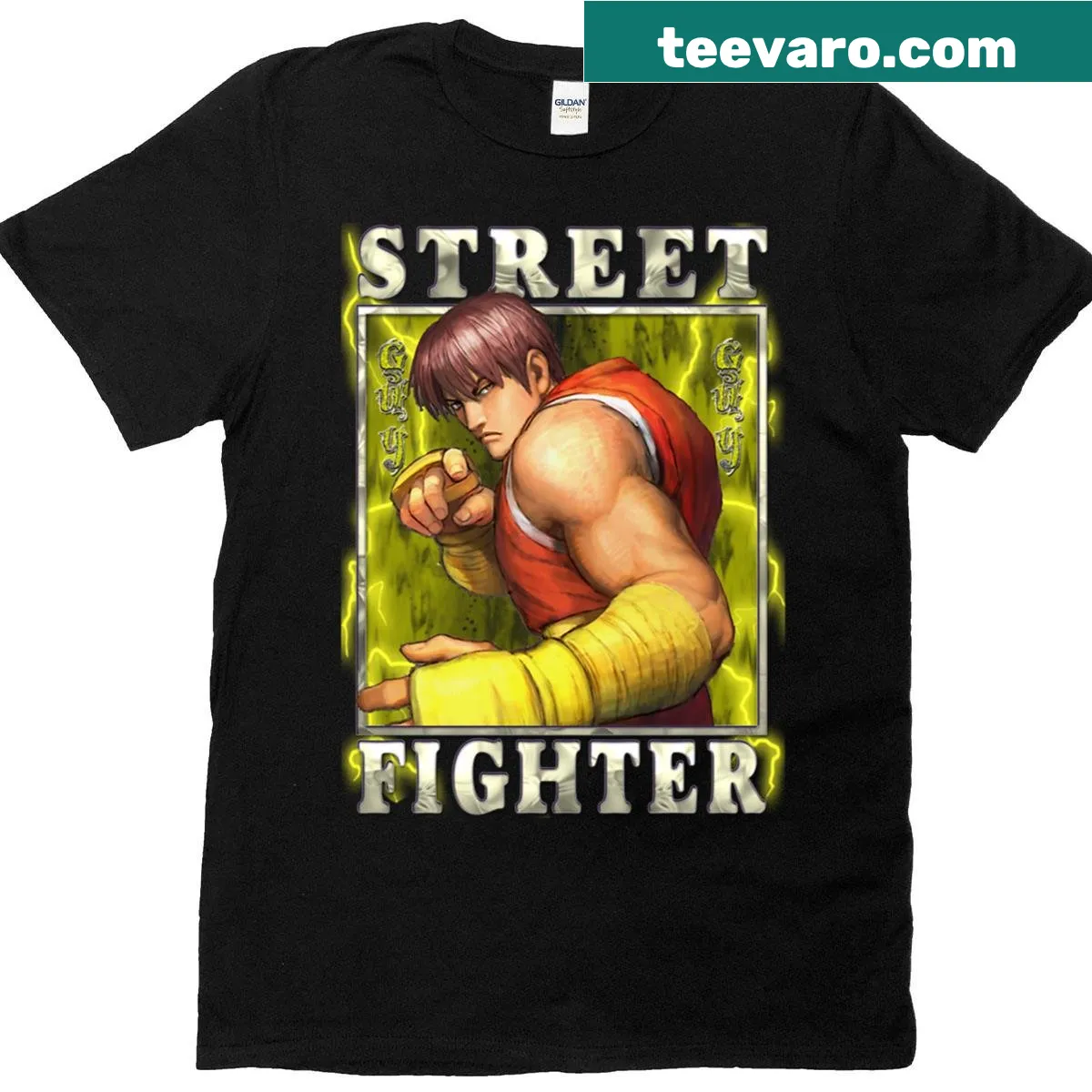 Illustrated T-shirt featuring Guy from Street Fighter 4. — on a men's t-shirt
