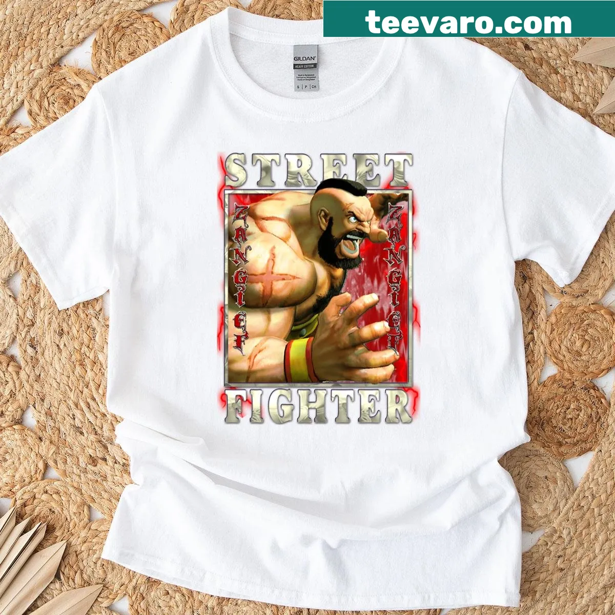 Zangief from Street Fighter 4 in a dynamic pose on a T-shirt — on a men's t-shirt