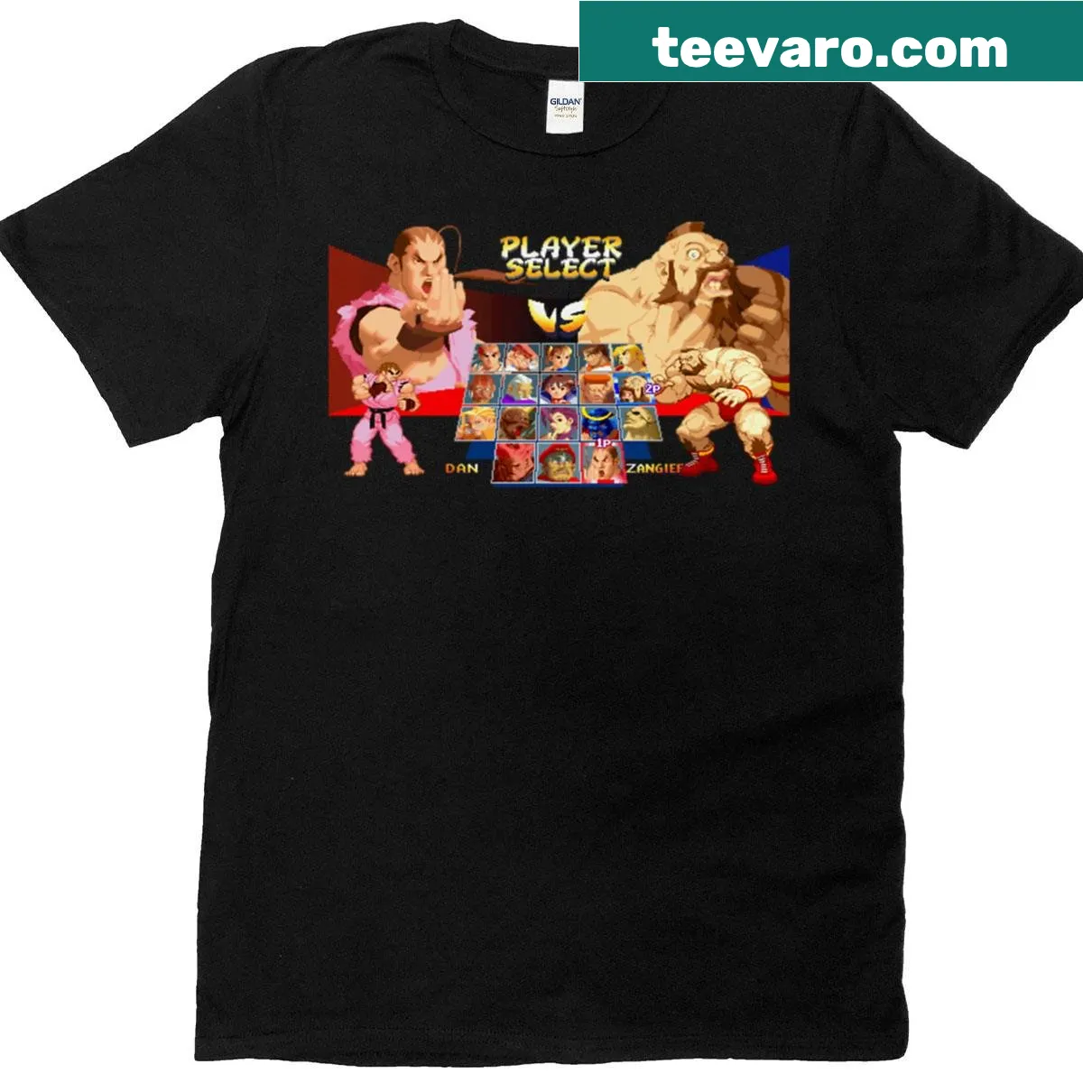 Nostalgic graphic of Street Fighter characters Dan and Zangief — on a men's t-shirt