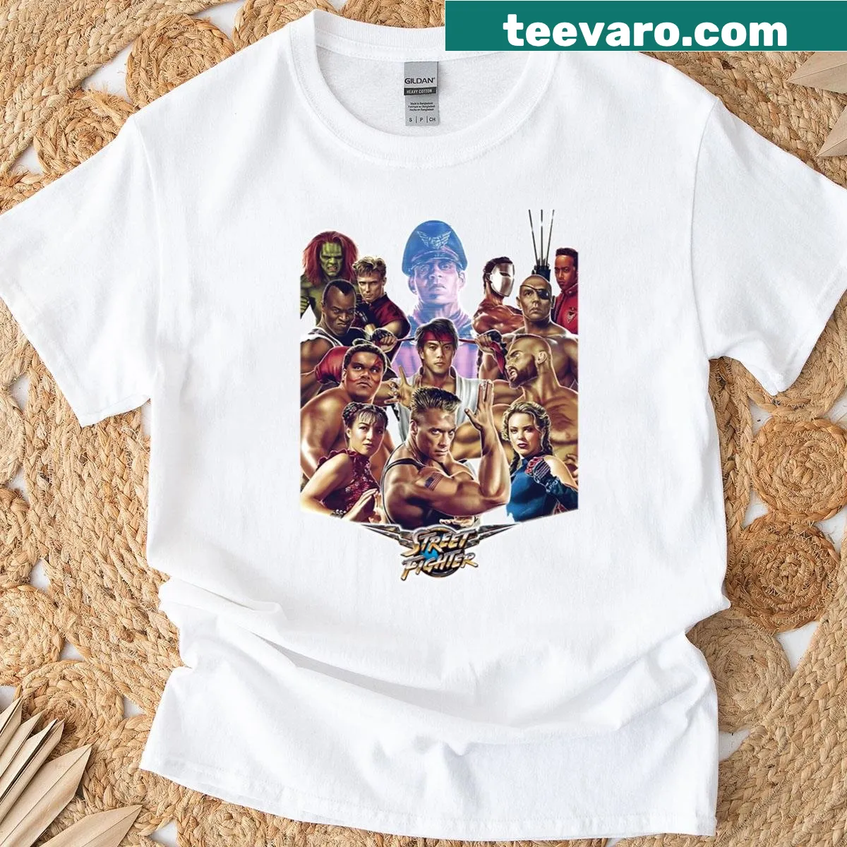 Street Fighter movie themed t-shirt with nostalgic illustrations — on a men's t-shirt
