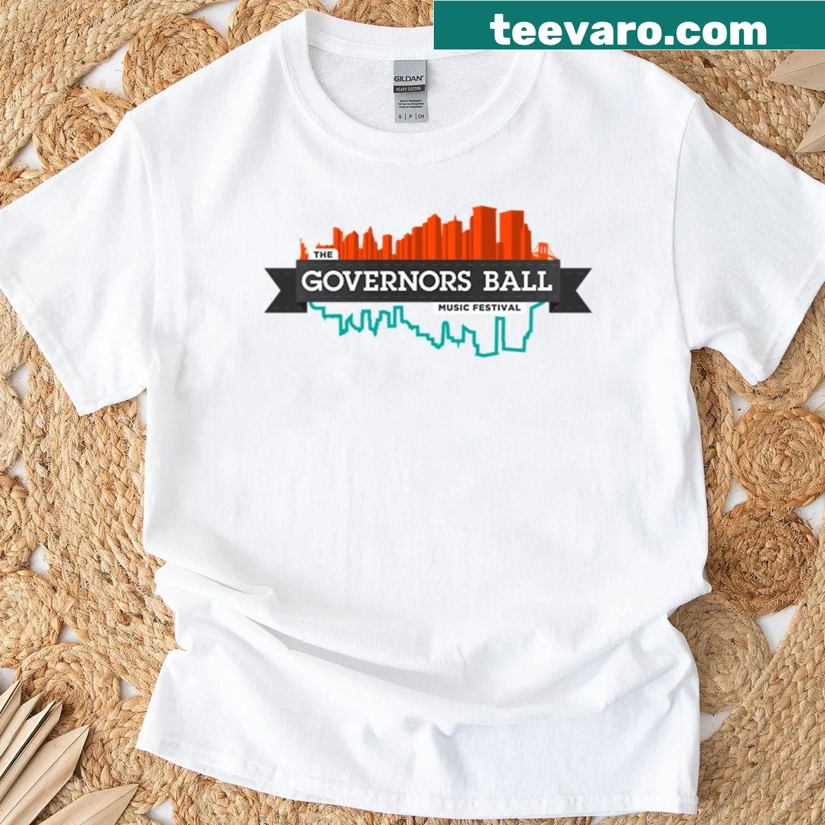 Illustrated sunrise over festival horizon t-shirt — on a men's t-shirt