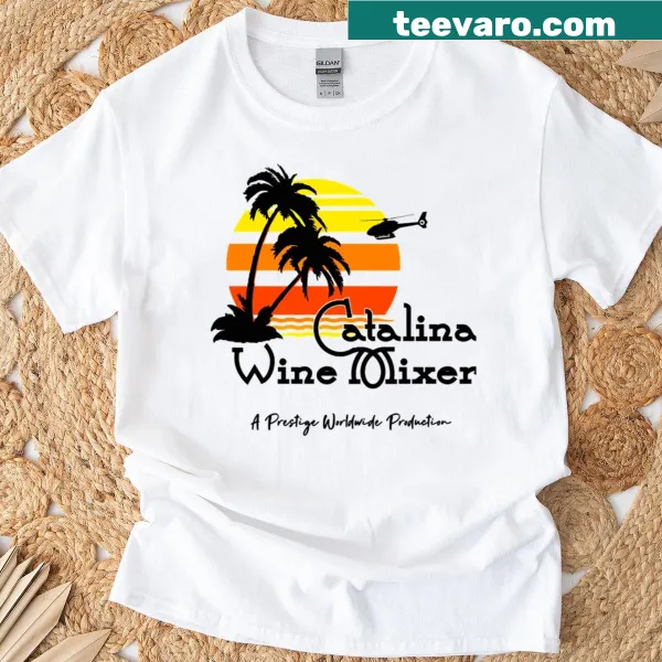 Vintage-style T-shirt featuring sunset over Catalina Island with wine theme