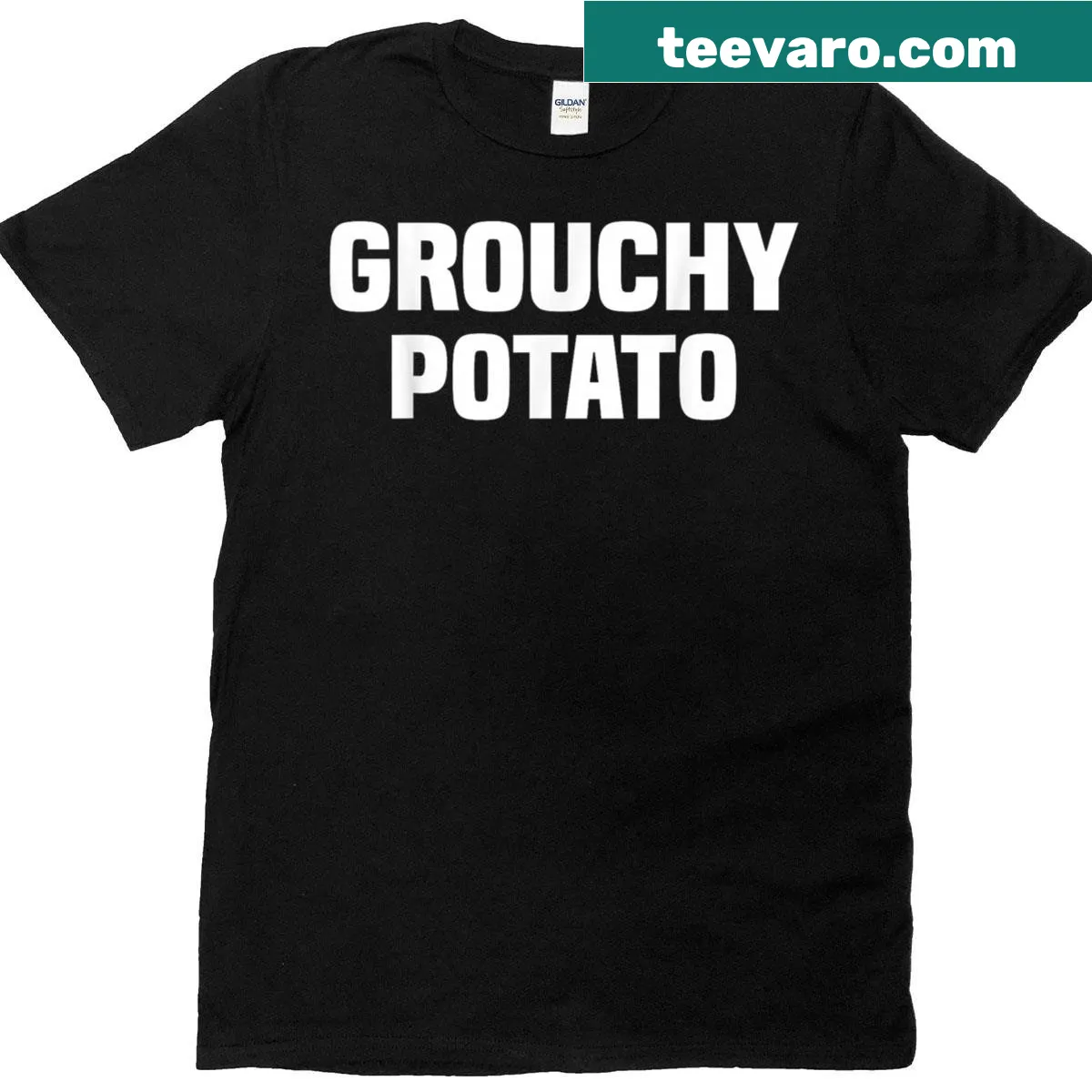 Couple matching Thanksgiving tee with cartoon sweet and grouchy potatoes — on a men's t-shirt