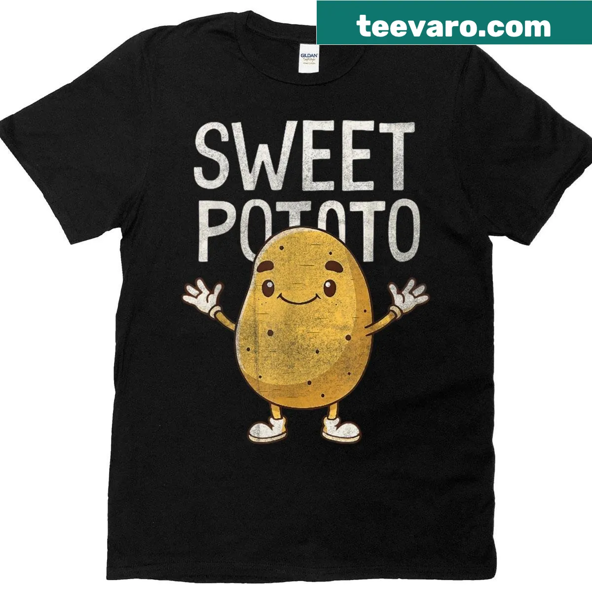 Matching Thanksgiving t-shirts featuring Sweet Potato and Grouchy Potato graphics — on a men's t-shirt