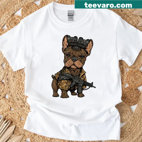 Funny t-shirt featuring a tactical French Bulldog illustration