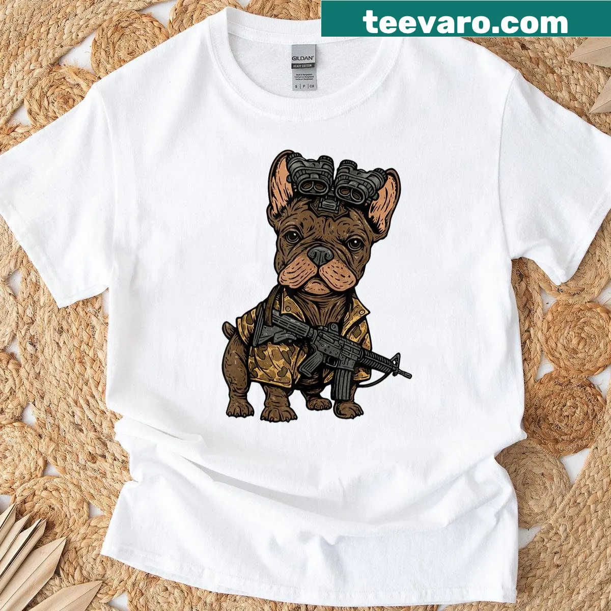 Funny t-shirt featuring a tactical French Bulldog illustration — on a men's t-shirt